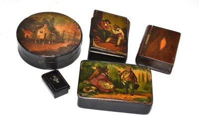 Lot 240 - Three 19th Century Painted Papier Mache Snuff Boxes; A Treen Book Shaped Snuff Box; and A Small...