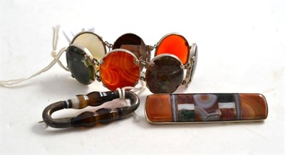 Lot 245 - A Hardstone Bracelet, of seven polished agates etc, length 18cm; An Agate Brooch, measures 7.3cm by