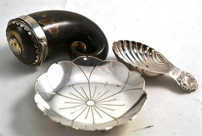 Lot 262 - A Scottish Horn Snuff Mull; A Silver Ashtray; and A Caddy Spoon (3)