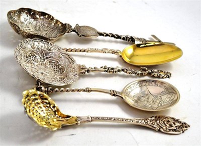 Lot 275 - Three Continental Silvered Metal Spoons, with decorative handles and bowls; and Two English...