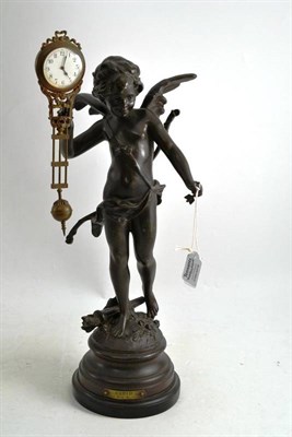 Lot 292 - A Spelter Cupid Mystery Timepiece, early 20th century, winged Cupid case, base with plaque...