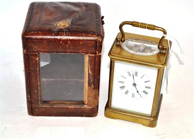 Lot 309 - A Brass Carriage Timepiece, stamped Henri Jacot, circa 1890, with carrying handle, enamel dial with