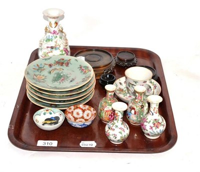 Lot 310 - A Four Chinese Famille Rose Miniature Vases, height 8cm; Five Chinese Export Plates, two tea bowls