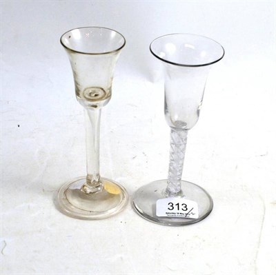 Lot 313 - A Wine Glass, circa 1770, with lace outlined air twist stem, height 15.5cm; and A Plain Wine Glass