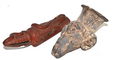 Lot 321 - A Roman Style Ryhton, in the form of a goat's head, 16cm; and A Terracotta Crocodile Rasp, 24cm (2)