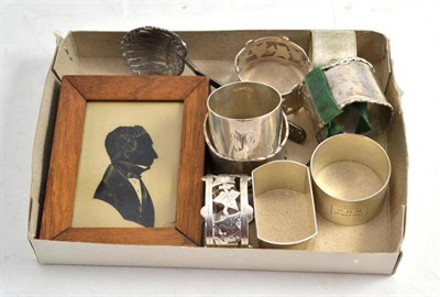 Lot 346 - A Framed Silhouette Portrait of Thomas Smith; Seven Assorted Silver Napkin Rings; A Plated...