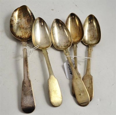 Lot 350 - A Silver Serving Spoon, Newcastle; and Four Russian Dessert Spoons, stamped '84' (5)