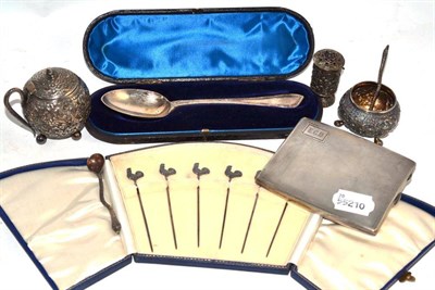 Lot 351 - A Set of Six Sterling Tooth Picks, in the form of hens, in a fitted case; A Silver Cigarette...