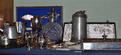 Lot 361 - A Silver Plated and Cut Glass Claret Jug; Silver Plated Trophy Cups; A Cased Carving Set; Fish...