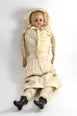 Lot 368 - A Composition Shoulder Head Doll, with blue intaglio eyes, wig missing, on a fabric body...