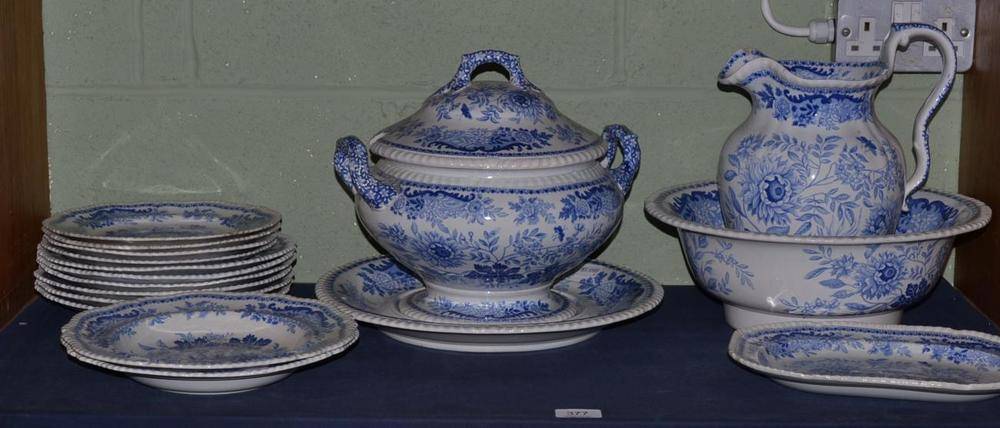 Lot 377 - Spode Blue and White Pottery, comprising jug and bowl, tureen, cover and stand, thirteen plates