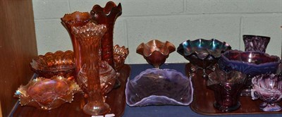 Lot 378 - Three Orange Carnival Glass Vases, Six Orange Carnival Glasses, Assorted Bowls, Two Davisons...