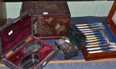 Lot 382 - A Chinese Lacquer Travelling Dressing Table; A Set of Three Scent Flasks, in leather travelling...