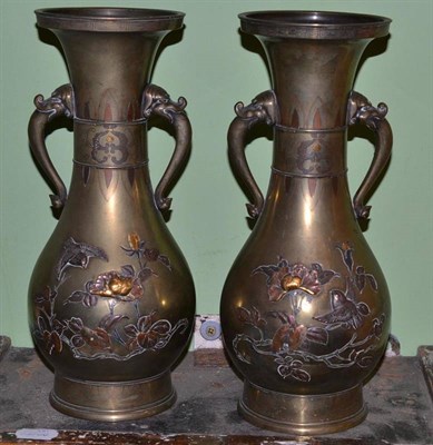 Lot 384 - A Pair of Japanese Bronze Vases, with elephant stylised handles, height 32cm