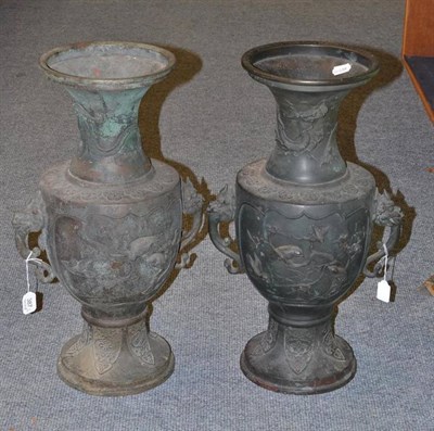 Lot 387 - A Pair of Late 19th Century Japanese Bronze Vases, cast with birds and animals, 55.5cm high