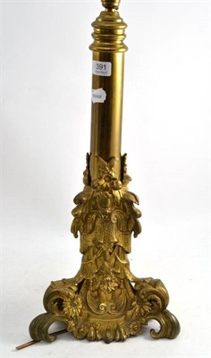 Lot 391 - An Early Victorian Brass Table Lamp, cast with rococo ornaments, 51cm