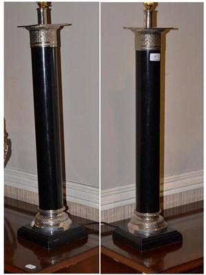 Lot 417 - A Pair of Modern Large Black and Chrome Column Design Lamps, 76cm high  Ex. Renishaw Hall