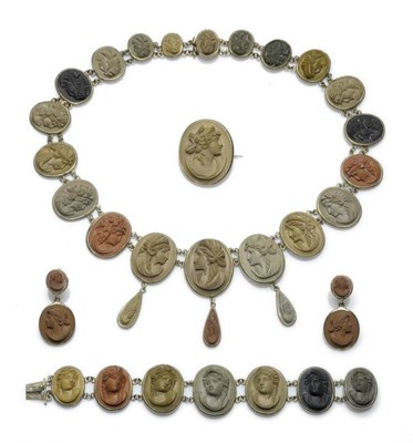 Lot 445 - A Suite of Lava Cameo Jewellery, comprising a necklace with three pendant drops, 44.5cm long, a...