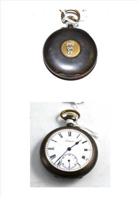 Lot 449 - A Gun Metal Triple Calendar Open Faced Keyless Pocket Watch, circa 1900, lever movement, enamel...