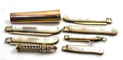 Lot 461 - Five Silver and Mother-of-Pearl Fruit Knives, a Similar Button Hook, a Needle Holder and a...