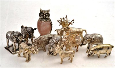 Lot 466 - A Collection of Silver and Silvered Metal Novelty Models of Animals including an owl,...