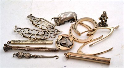 Lot 467 - Two Silver Wishbone Sugar Tongs, Two Silver Horseshoes, a Finial as a Cow, Novelty Silver...