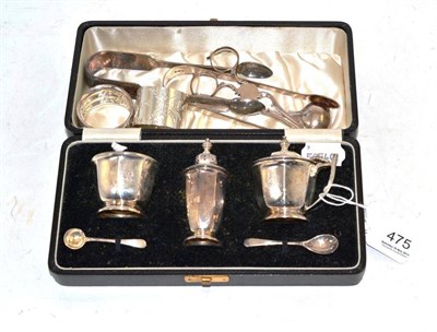 Lot 475 - A Silver Three Piece Cruet Set, Birmingham, 1939, cased; A Pair of George III Silver Scissor Action