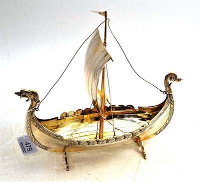 Lot 479 - A Silvered Metal Nef or Model of a Viking Warship, 26cm wide