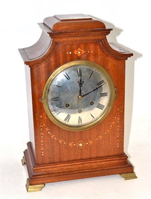 Lot 533 - A Mahogany Chiming Mantel Clock, circa 1900, arched top, inlaid with floral swag decoration, 6-inch