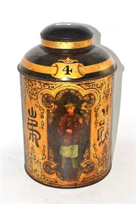 Lot 548 - A 19th Century Toleware Tea Canister and Cover, with a chinoiserie figure, 43cm high