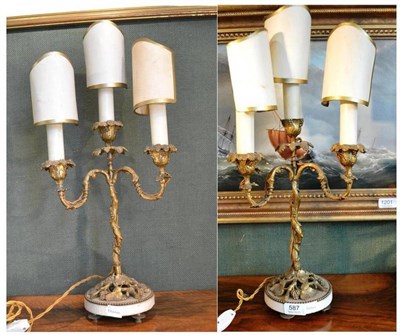 Lot 587 - A Pair of Gilt Metal and White Marble Candelabra, 35cm high