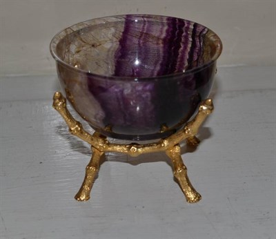 Lot 606 - A Turned Blue John Bowl, 8cm wide, on a gilt metal naturalistic stand