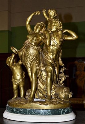 Lot 626 - After Clodion: A Bronze Figure Group of Lovers, in loose robes, he with a child on his...