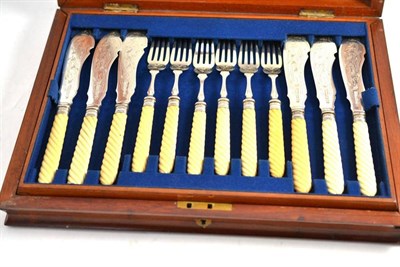 Lot 631 - A Mappin & Webb Silver Plated Ivory-Handled Fish Set, with engraved blades