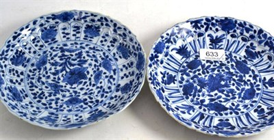 Lot 633 - Two Chinese Blue and White Press Moulded Dishes, Kangxi mark, 21cm diameter