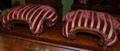 Lot 728 - A Pair of Victorian Walnut Foot Stools, upholstered in red and gold striped fabric, diameter 40cm