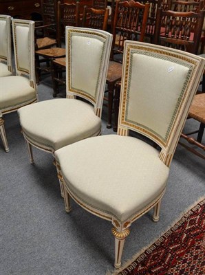 Lot 751 - A Set of Four Late 19th Century Cream and Parcel Gilt Dining Chairs, on square tapering legs,...