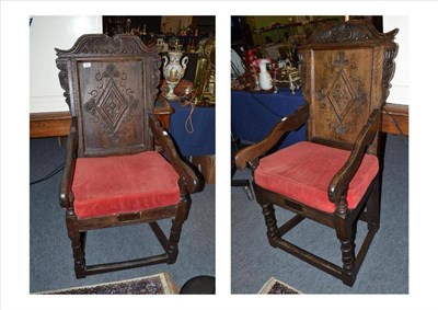 Lot 852 - A Carved Oak Wainscot Chair, with lozenge shaped back supports, 57cm wide; and A Modern Example, to