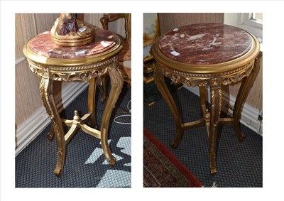 Lot 870 - A Pair of Gilt Circular Marble Top Lamp Tables, of recent date, height 73cm