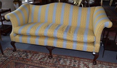 Lot 881 - A George III Style Sofa, upholstered in yellow and blue striped fabric, raised on claw and ball...