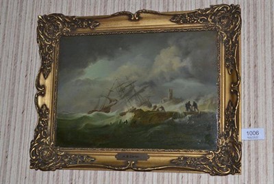 Lot 1006 - Attributed to Henry Barlow Carter (1804-1868) Stormy seascape with figures retrieving a wreck...