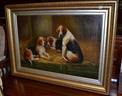 Lot 1009 - A * H * Wells (19th/20th century) Beagles at rest in a stable  Signed, oil on canvas, 61cm by 91cm