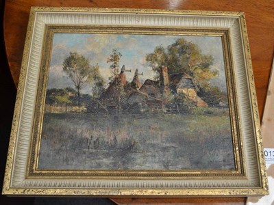 Lot 1013 - Robert William Arthur Rouse ( ex.1883-1927)  A river landscape with oast houses  Signed, oil on...