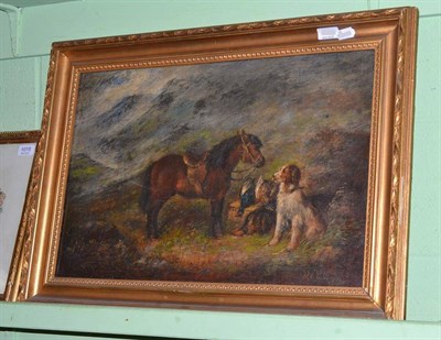 Lot 1035 - Robert Cleminson (1864-1903) Pony with a sporting dog and dead game on a hillside Indistinctly...