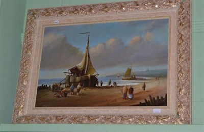 Lot 1062 - H* Bennett (20th century)  A beach scene with figures and fishing boats  Signed, oil on canvas,...