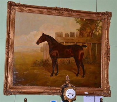 Lot 1079 - Walter Harrowing (late 19th century)  A bay horse standing beside a fence, an open landscape beyond