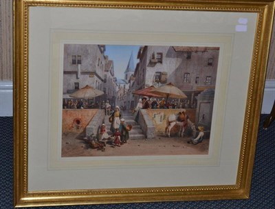 Lot 1081 - Attributed to Louis Tesson (ex.1841-1867)  Figures in a Continental town  Signed, watercolour, 38cm