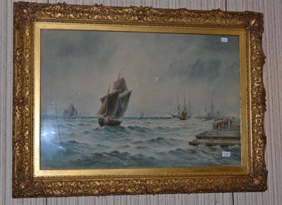 Lot 1105 - Attributed to Robert Thornton Wilding (19th century)  Fishing boats off a pier with figures looking