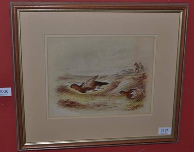 Lot 1117 - Harry Bright N.W.C.S (1814 -1873)  Grouse in flight with a shooting party nearby  Signed and...