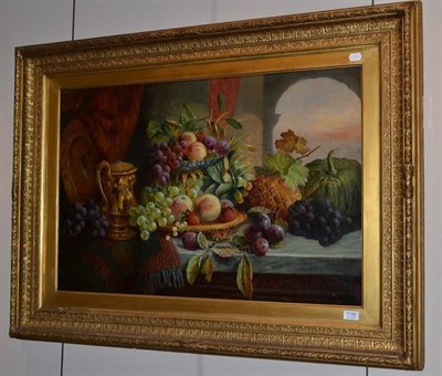 Lot 1138 - Charles Stuart (19th Century)  A still life of fruit and other objects beside a curtain Signed, oil